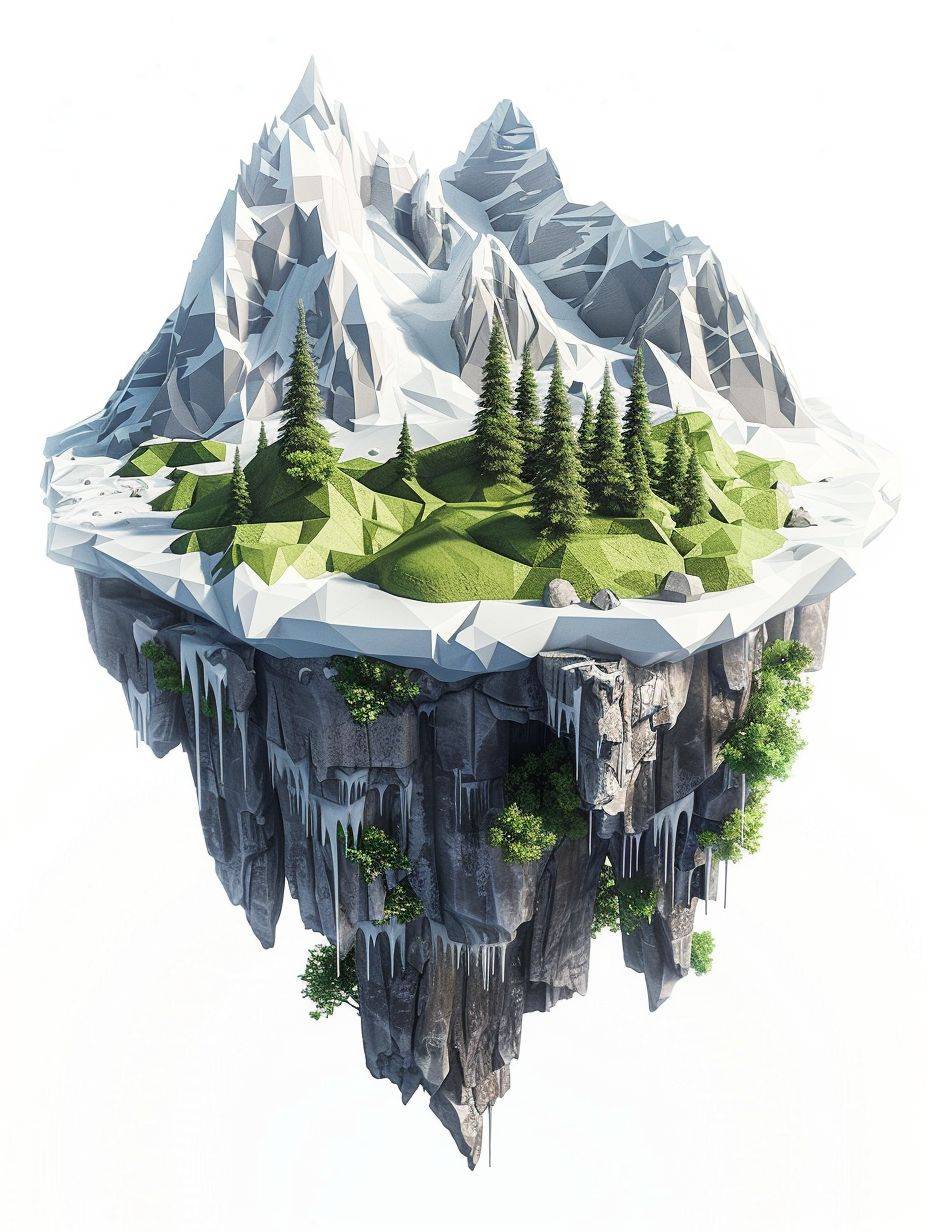 Suspended small island with snow-capped mountains, lowpoly --ar 3:4