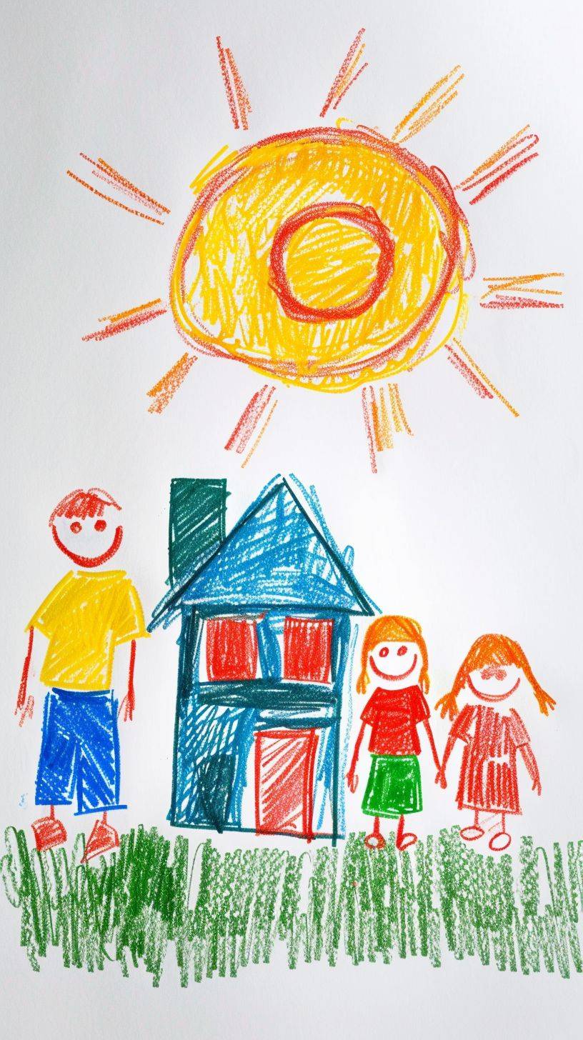 Naive children's drawing with colored chalk on white paper, made by hand by a child, family and a house, isolated on white background