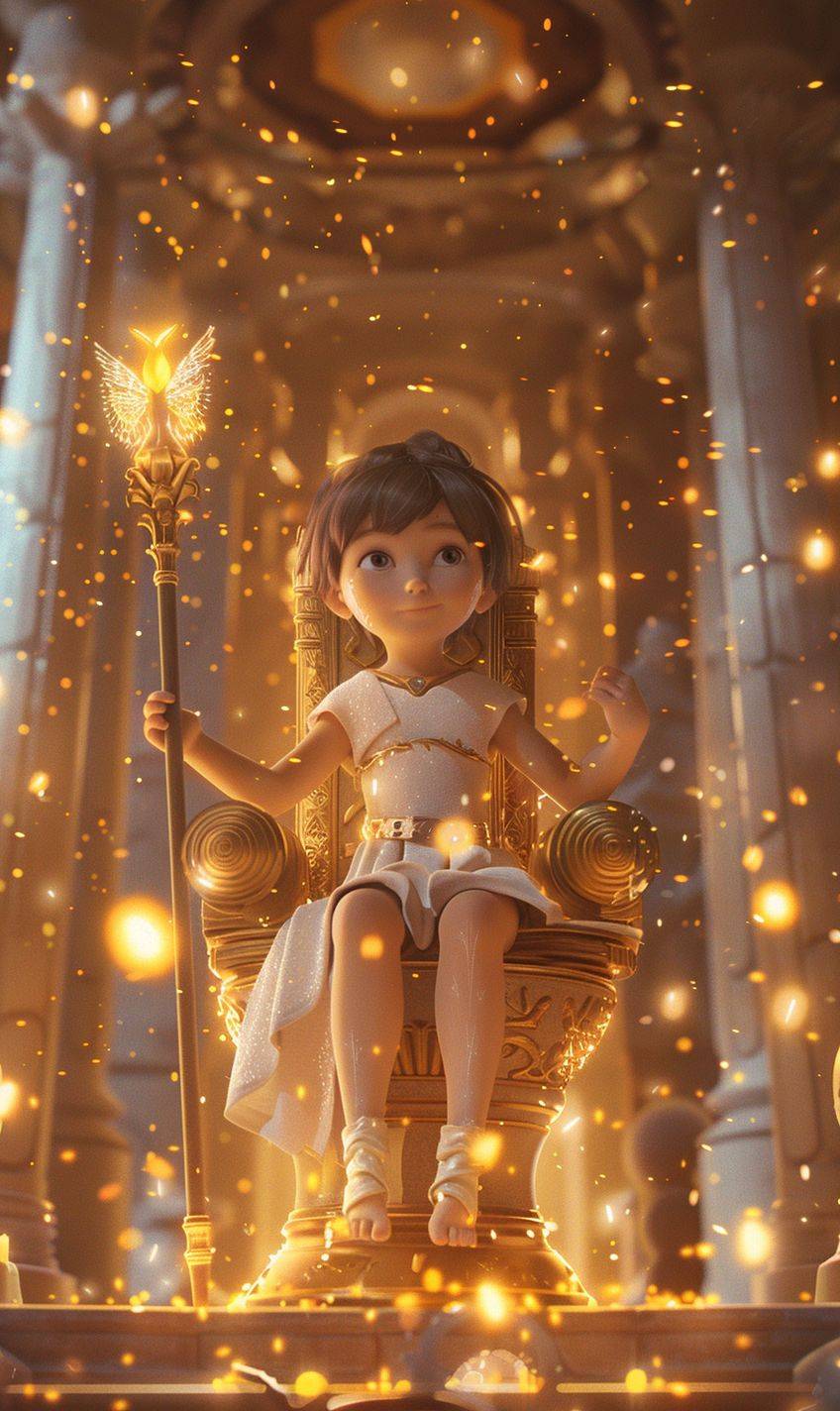 A three-year-old girl with smooth brown hair, cut into a pixie cut and without ponytails, sitting with a serious face on a high pedestal in an ancient temple, on a throne with a magical, glowing staff in her hand. The girl looks funny and cute in a Pixar fairytale style.