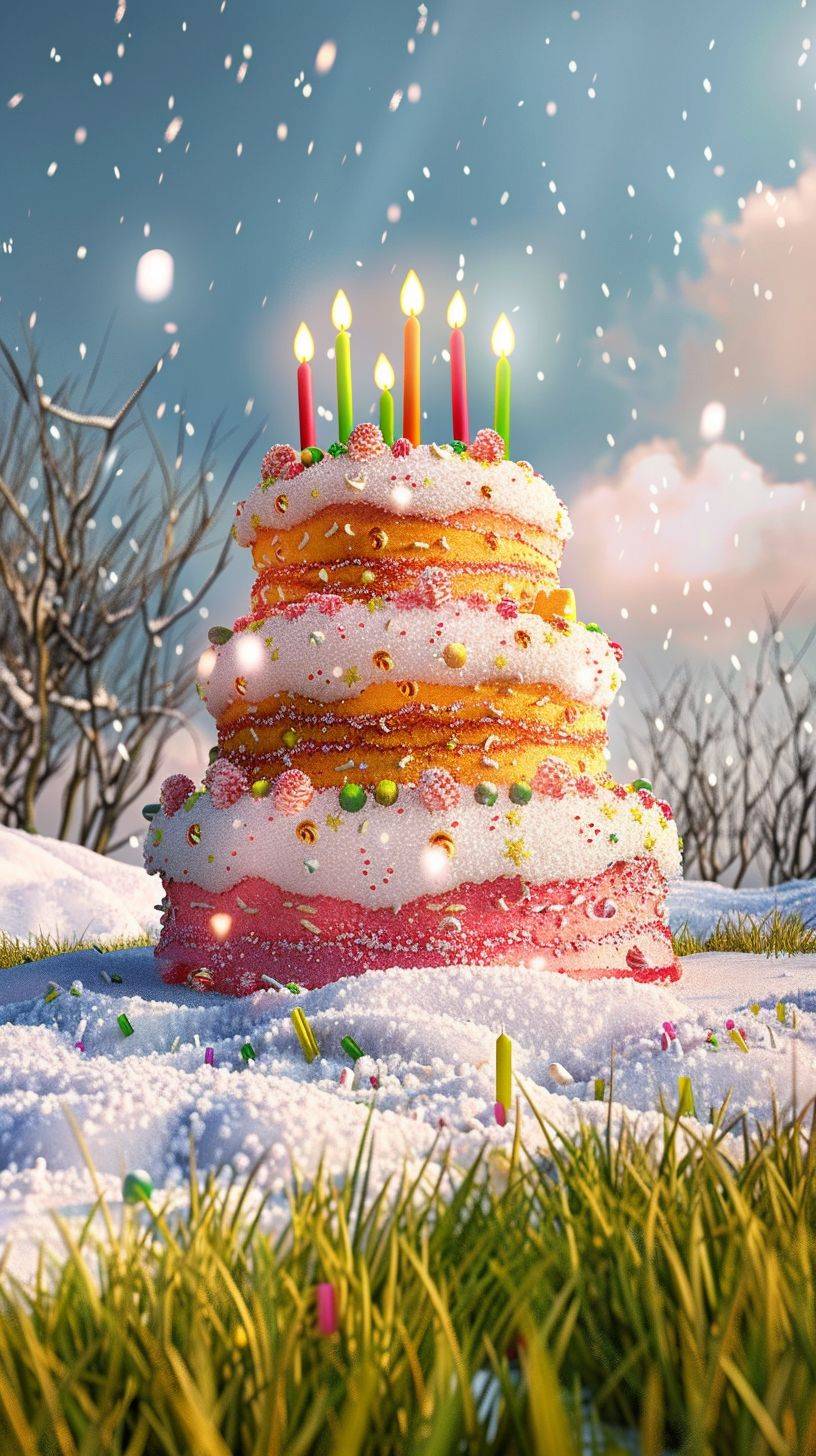 3Dのアニメーション誕生日ケーキは蝋燭が灯されており、初めて解けた雪の上にあり、背景には緑の草があります