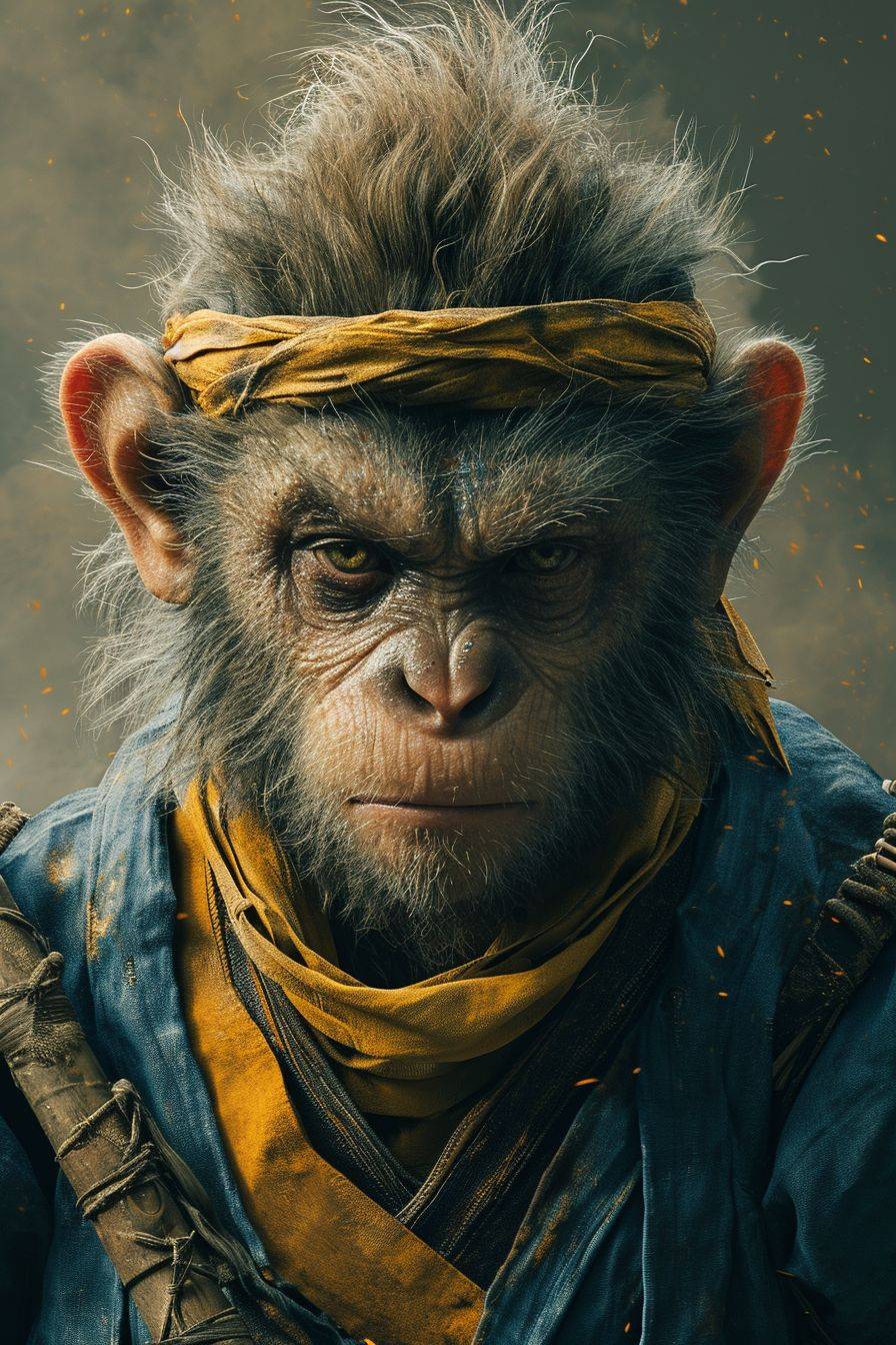 At the center stands the hero, Sun Wukong, with an enchanted headband symbolizing control and restraint wrapped tightly around his forehead. In his grip, he wields a mighty, unadorned staff known as the Jingu Bang, which resonates with his own formidable power. His eyes blaze with intelligence and mischief, his stance is bold and defiant, capturing his readiness for any challenge. Behind him, the mystical mountains of his kingdom rise, shrouded in mist, with a dynamic and stylized composition that hints at epic adventures and grand battles. The color palette is rich and intense, evoking the timeless excitement of legendary tales. The overall effect is one of epic grandeur, enticing viewers to step into a world of fantasy and heroism.
