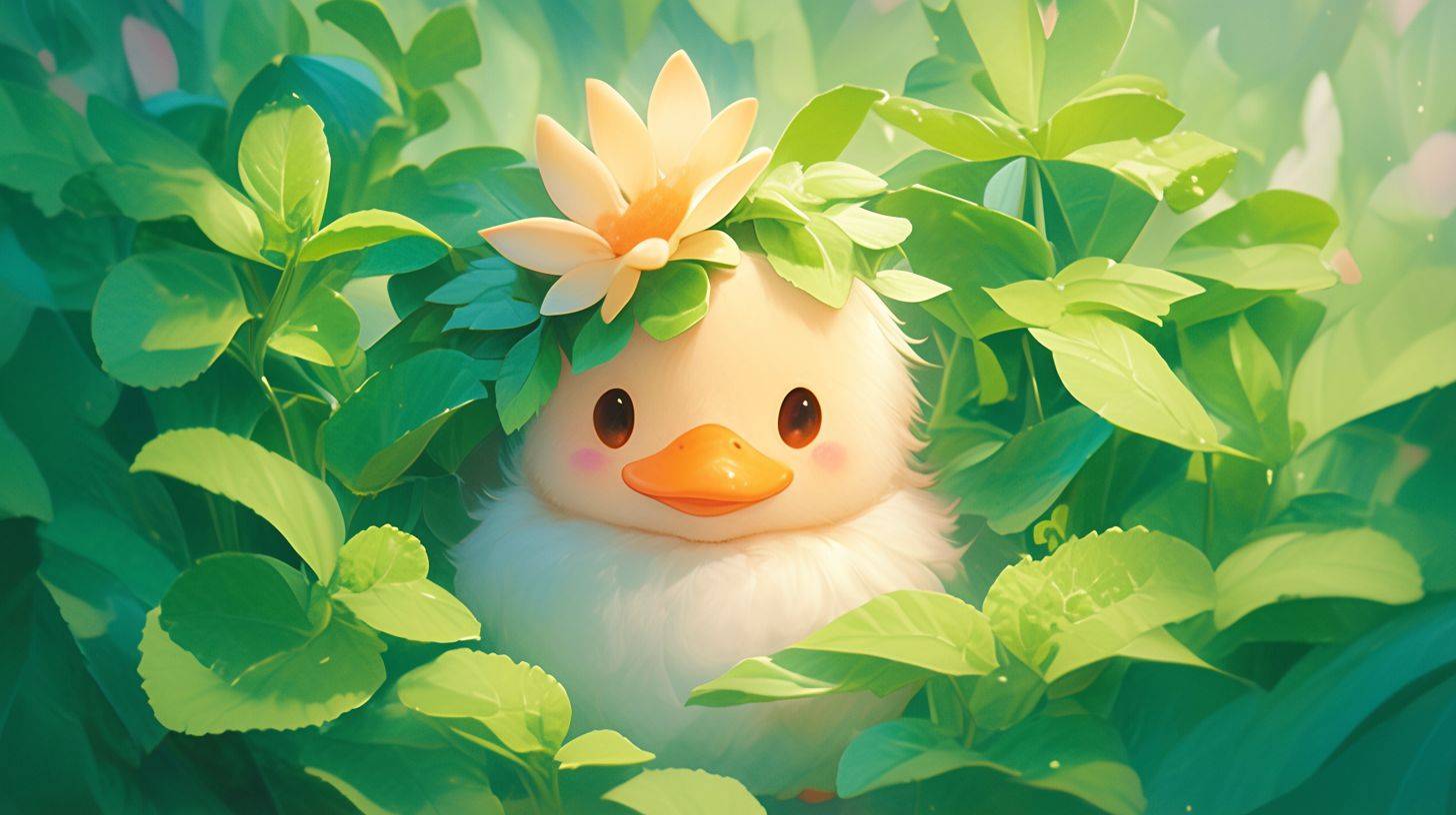 Chibi anime, an image of a charming duckling nestled among lush green mint leaves. The duckling has a soft yellow plumage that radiates a sense of warmth and innocence. Atop its head sits a whimsical hat shaped like a vibrant orange flower with petals elegantly unfurling. The flower hat adds a playful contrast to the duckling’s color, making it appear as if it’s part of a fairytale. The background is a natural setting, where the freshness of the mint leaves suggests a hidden garden. The scene should evoke a feeling of enchantment and delight, capturing the duckling’s serene expression as it sits quietly, blending into its verdant environment yet standing out with its unique floral adornment.