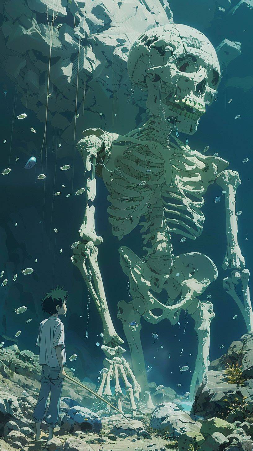 2D cel animation, A scene from an animation, pixiv, anime style, Full Body, panorama, elaborate, depth of field, The moment a skeleton fishes out a fish bone, shading, in the style of Kōhei Horikoshi, studio MAPPA, Jean Giraud, Anti-Aliasing, Super Detailed HDR, Megapixel, insanely detailed, cinematic quality, hyper realistic, 24k, extremely detailed