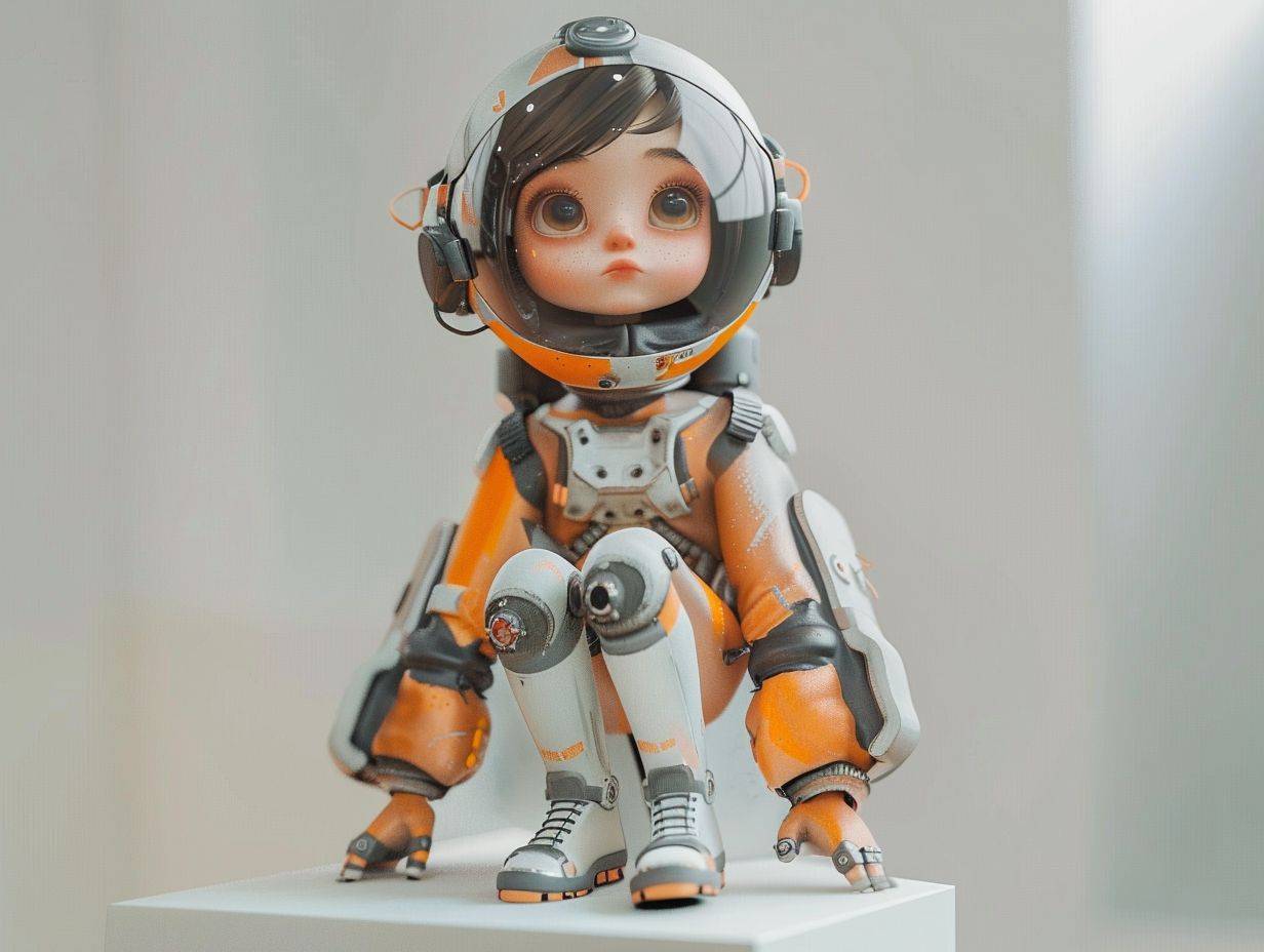 ヘルメットをつけた少しの人形を使って遊びます。可愛らしい3Dレンダリング、かわいいディテールのデジタルアート、女性探検家のミニキュートガール、かわいいデジタルペインティング、スタイライズされた3Dレンダリング、かわいいデジタルアート、かわいいレンダー3Dアニメーションガール、小さな宇宙飛行士が見上げる、かわいい！c4d、ポートレートアニメ宇宙士官ガール、白い台座に座る