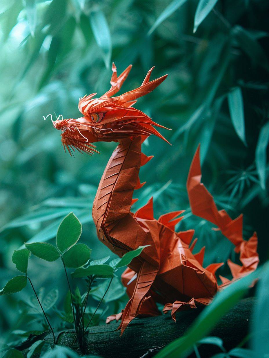 An origami Chinese Dragon in a safari, sophisticated memories, cinematic photography -- chaos 10 -- aspect ratio 3:4 -- visual 6 -- stylize 250
