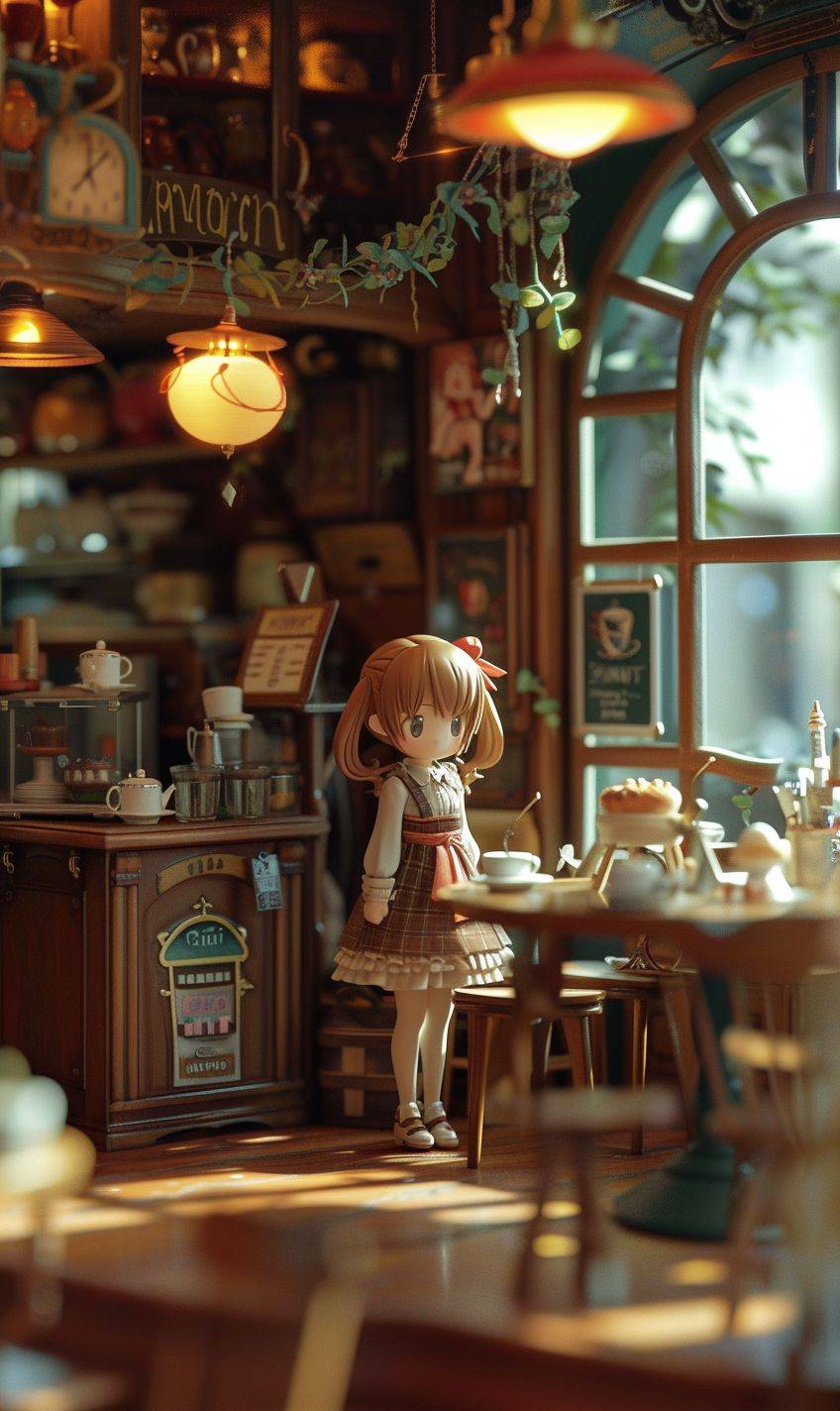 In a meticulously crafted miniature European-style café, the interior exudes a charming and delightful atmosphere. The café is adorned with stylish and adorable decor, creating a space that is both fashionable and cute. Delicate trinkets and decorations are scattered throughout, adding a touch of whimsy to the surroundings. The café is bustling with life, as a cute café attendant attends to the needs of a group of customers. Among them is an adorable cute teenage girl, enjoying her time in this picturesque setting. The café is bathed in soft spring light, casting a warm and inviting glow that complements the cheerful ambiance. The scene is a perfect blend of beauty and charm, capturing the essence of a delightful café experience. From the meticulously arranged tables to the intricate details of the café's interior design, every element is carefully crafted to create a visually stunning and enchanting environment. It's a place where one can immerse themselves in the beauty of their surroundings and enjoy a moment of tranquility in a bustling world.