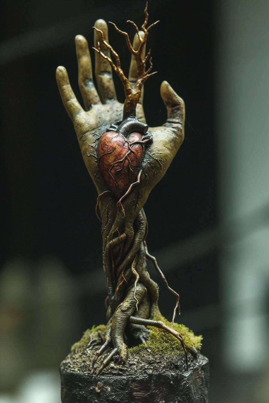 Sculpture of a hand stretching up towards a heart growing up like a tree from the ground, hand inspired by Venus, hyper-realistic, ultra resolution, cinematic, photo realistic, 5, sharp, very detailed, exquisite detail, 30-megapixel, 4K, 8K, 50mm lens, sharp focus, intricately detailed, long exposure time, f/8 aperture, ISO 100, shutter speed 1/125, diffuse back lighting, award-winning photograph, facing camera, looking into camera, monovisions, elle, small catchlight, low contrast, high sharpness, facial symmetry, depth of field, golden hour, ultra-detailed photography, shiny metal surface with intricate swirling mother of pearl inlays, raytraced, global illumination