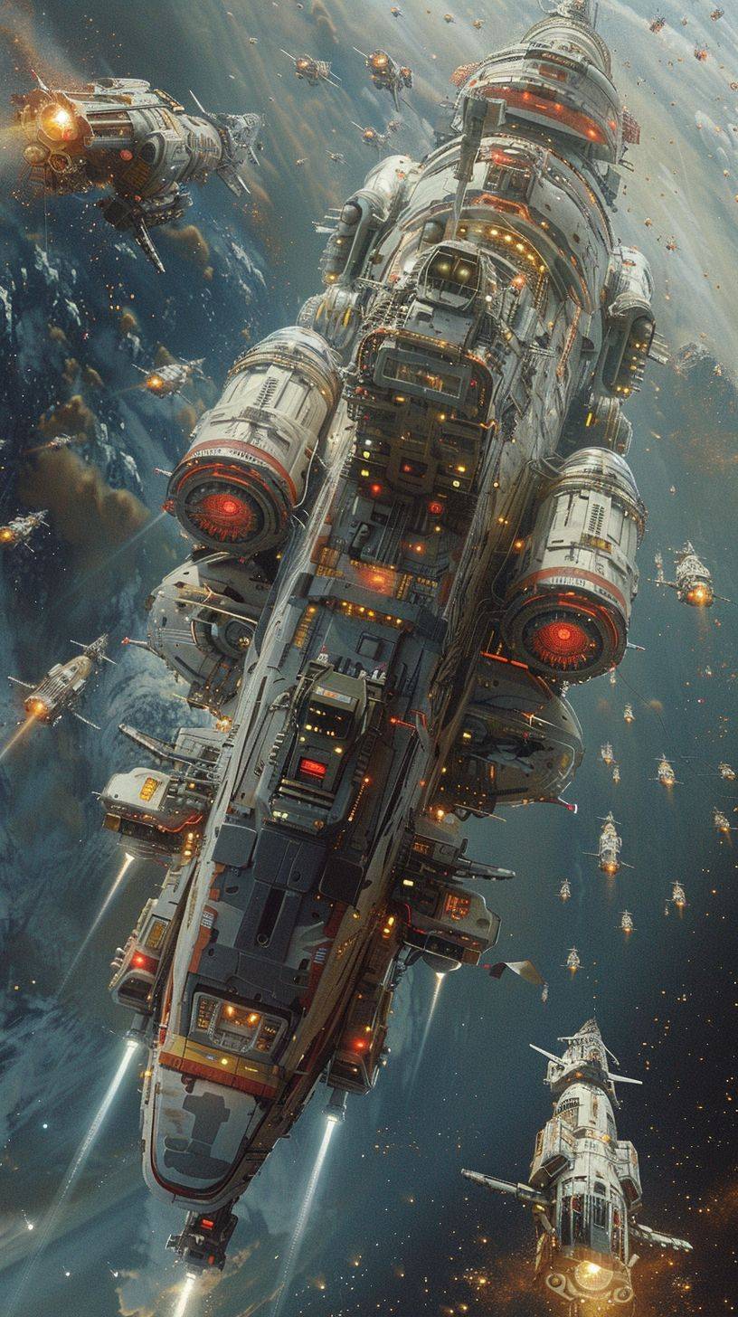 A spaceship in space being surrounded by spaceships, in the style of Liam Sharp, high quality photo, Steve Hanks, floating structures, intense close-ups, Alfred Guillou, repetitive - aspect ratio 9:16 - stylize 750