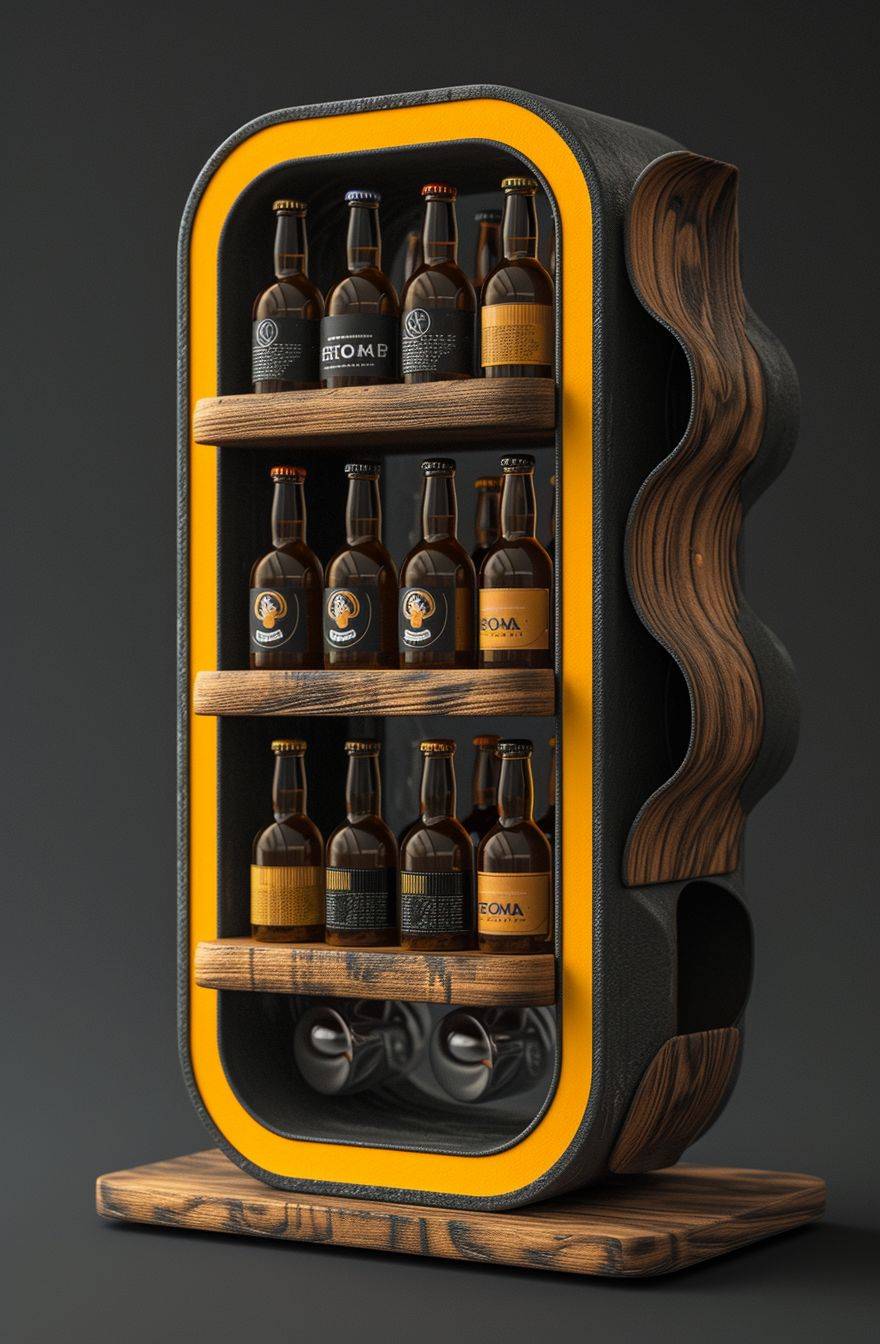 Swiss schnapps display stand for beer, in the style of pop-inspired imagery, milleniwave, dark yellow and dark silver, sketchfab, tweencore, heidelberg school, wrapped