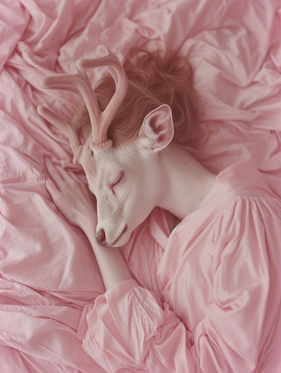 Fine-art photography, the scene is taken from above and captures a woman with deer's face sleeping serenely. The style of the photo is pink, and it is strange, almost eerie, but the whole thing blends into a frightening romance.