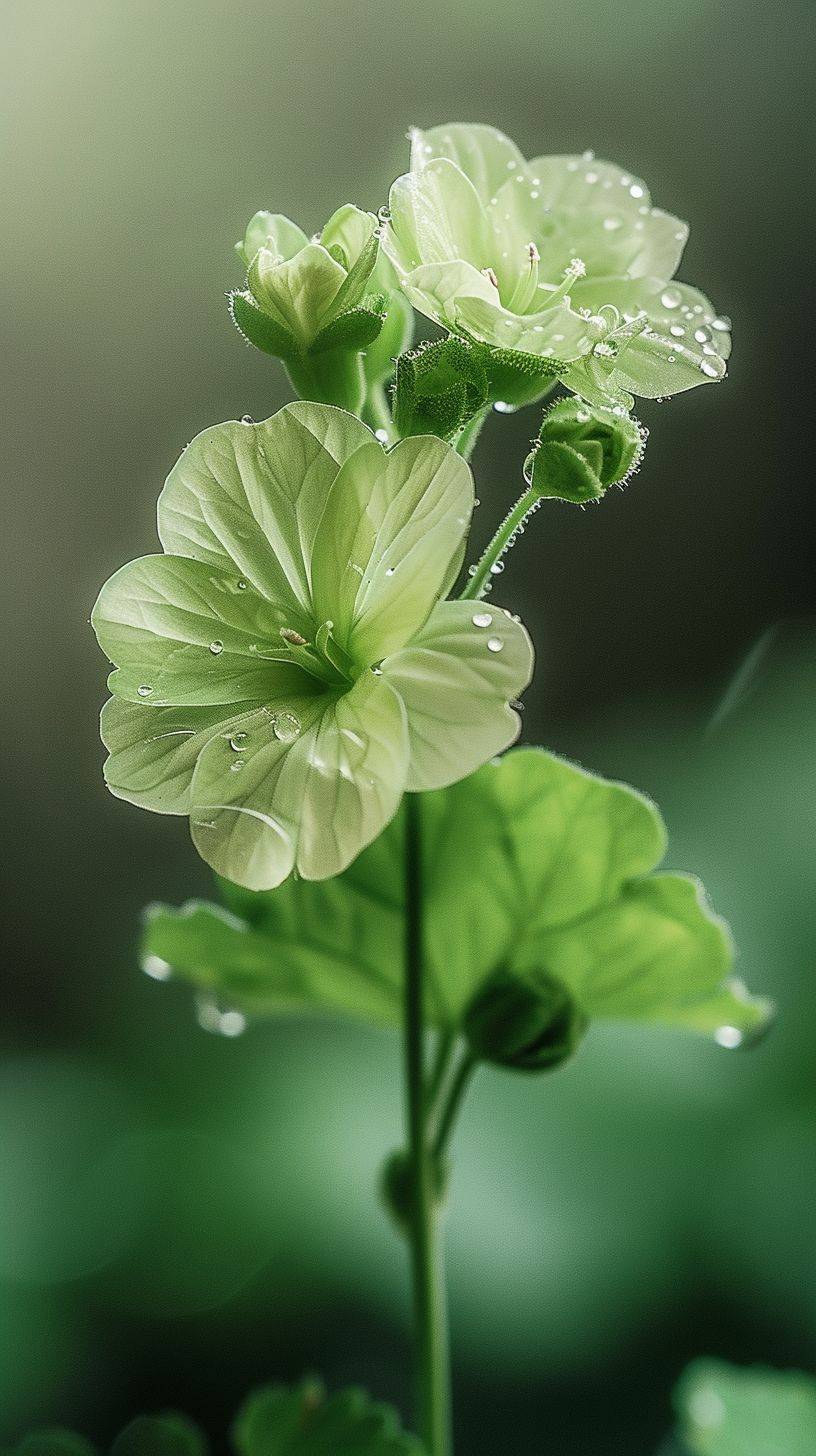 A light green geranium, with two buds on the branch, three tender green leaves, crystal clear dewdrops, ultra-high-definition vision, realism, background blur