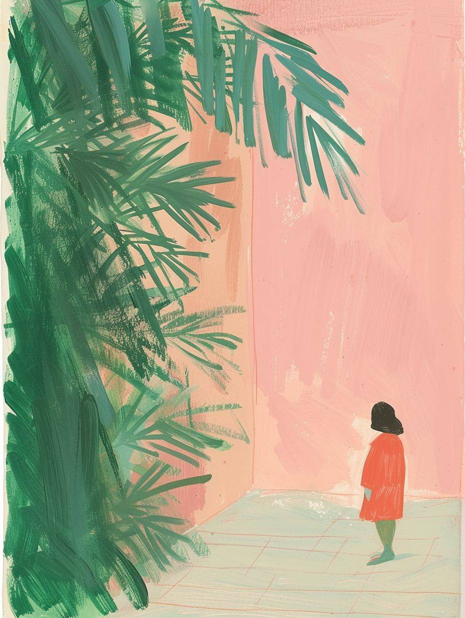 マイラ・カルマンとアンリ・マティスのイラスト、ピンクと緑の色、ガッシュ、控えめで柔らかい色合い、テクスチャ、クレヨン。