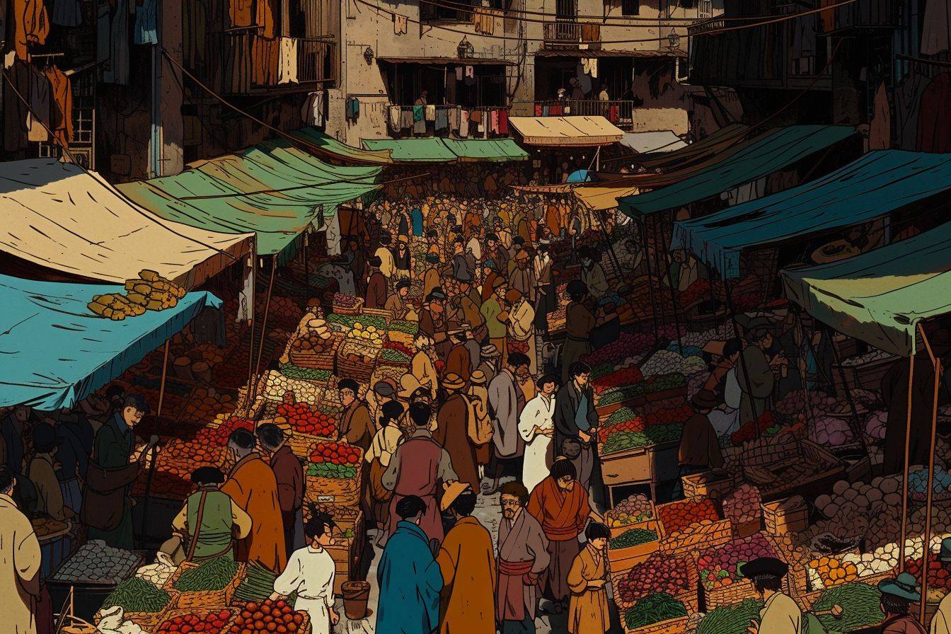 Retro Ghibli scene, bustling morning market, fresh produce stalls, sunlit, minimal shading, bold, lined, 2D, flat, low detail, animated film pioneer--style raw--chaos 20--aspect ratio 3:2--frame rate 6