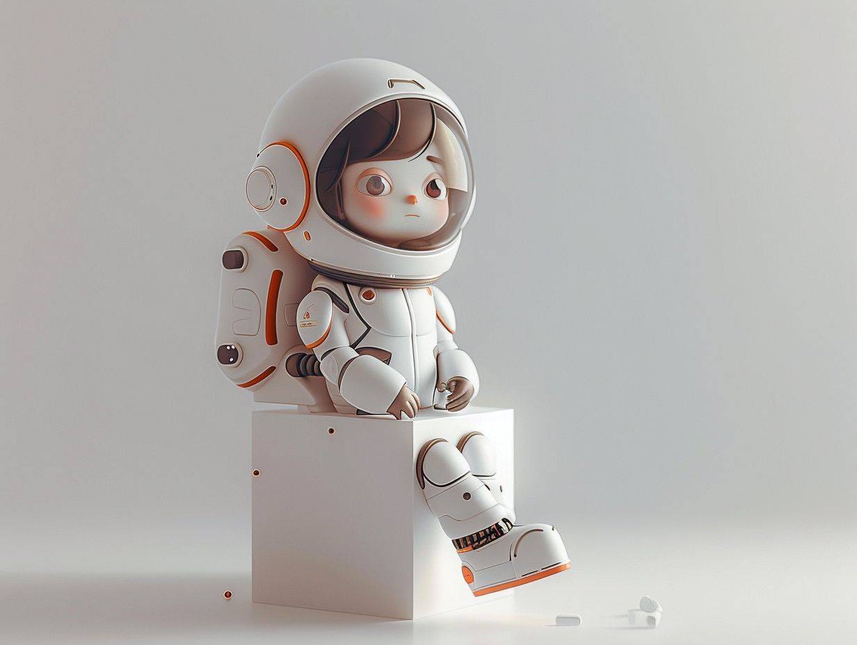 Toy with a little doll with a helmet, cute 3d render, cute detailed digital art, female explorer mini cute girl, cute digital painting, stylized 3d render, cute digital art, cute render 3d anime girl , the little astronaut looks up, cute! c4d, portrait anime space cadet girl, sitting on a white pedestal