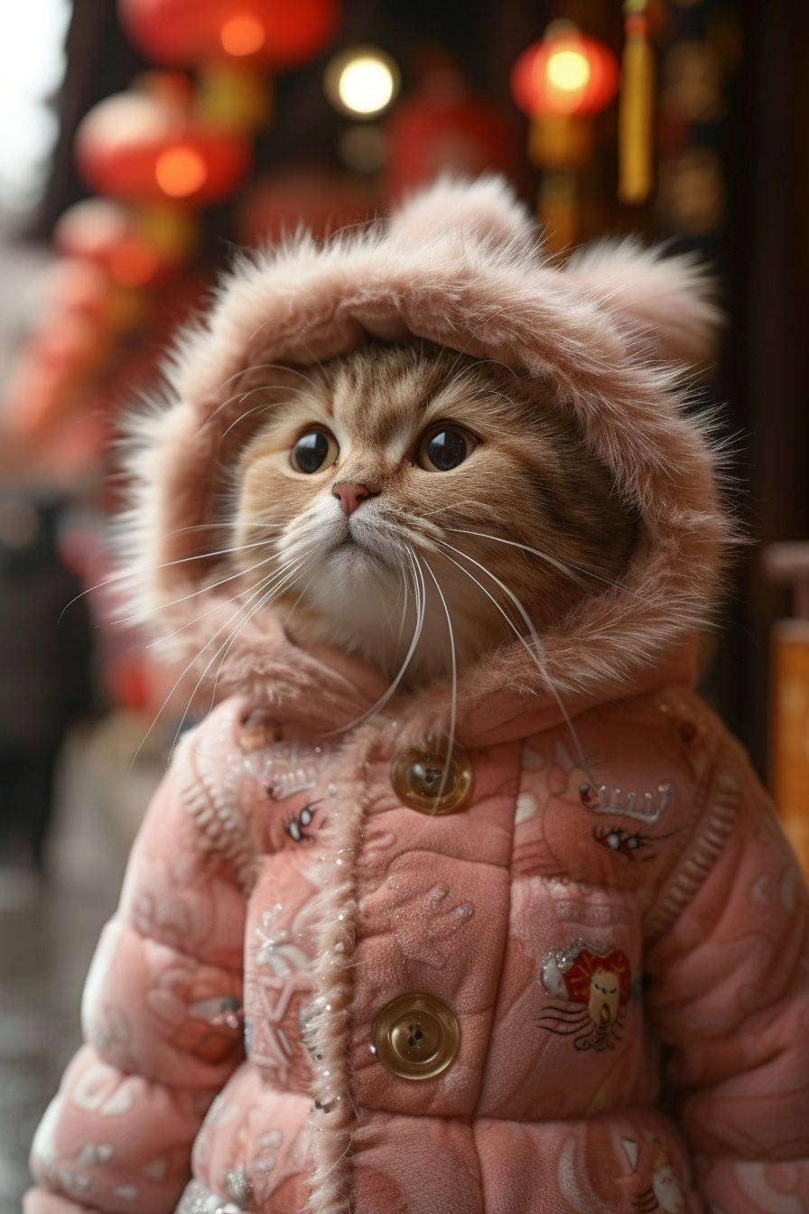 ふわふわした太った猫がドラゴンのようなつぼみを着て、様々な世界のランドマークで中国の新年を祝っています。可愛い衣装、パステルカラー、陽気な明かり、超HD、写実的な楽しい気分