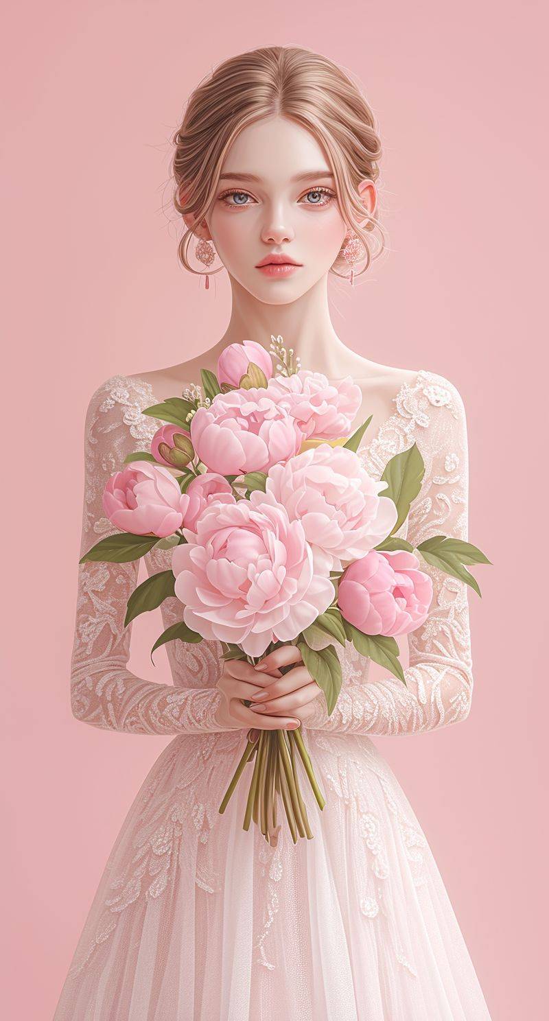 美しい若い女性が美しいドレスを着て、ピンクの背景に手にピオニーの花束を持っている写真、足全体の写真、低い角度の写真、写真現実的--ar 15:28 --niji 6 --stylize 250