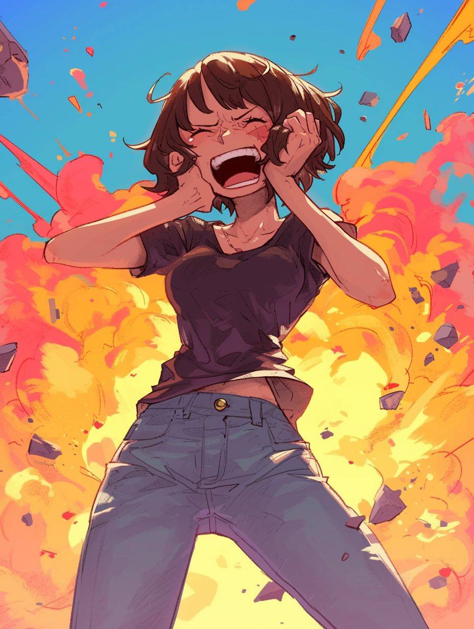 One Piece, Scott Pilgrim style, laughing expression, explosive background