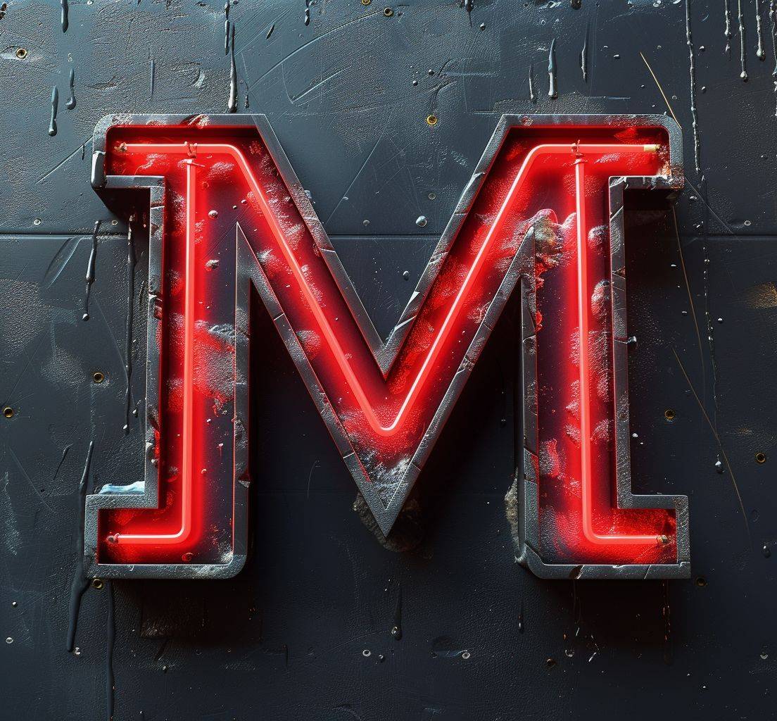 A black background with a red logo featuring a red M in the middle, in the style of multiple filter effect, 20 megapixels, Kodak Plus-X, digitally enhanced, extremely gendered, superflat style