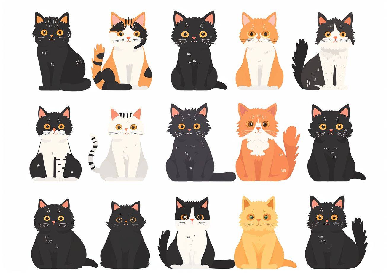 Fluffy cartoon drawing of different cat breeds on a white background in different color squares, with a raw style, aspect ratio of 7:5, frame rate of 6, and stylize level of 250.