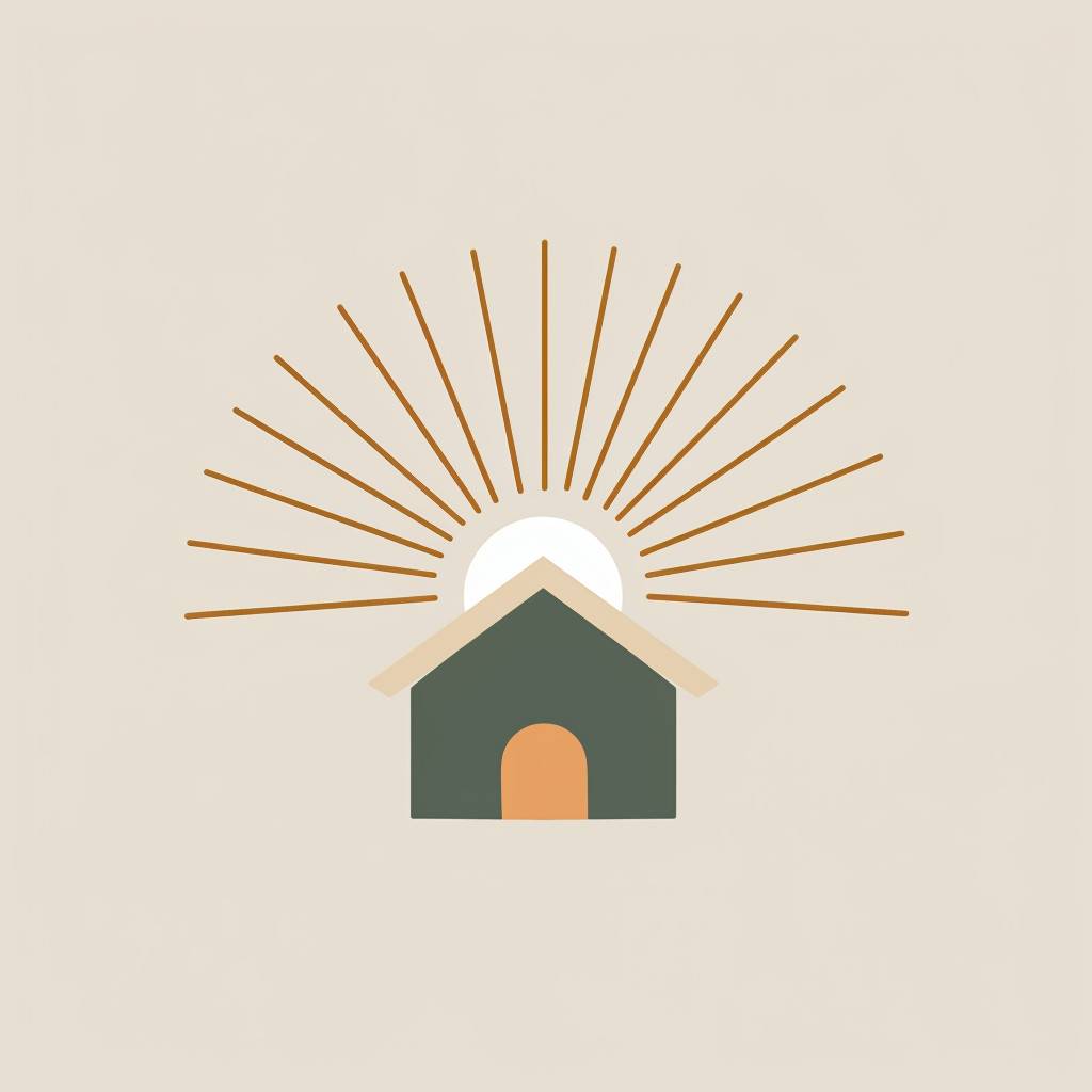 Minimalist logo featuring the silhouette of a house's roof with the sun rising directly behind it, solid color for the house, no windows or doors, subtle roof outline, dynamic sun rays emphasizing the roof's edge, conveying warmth, renewal, and home comfort, clean and simple design.