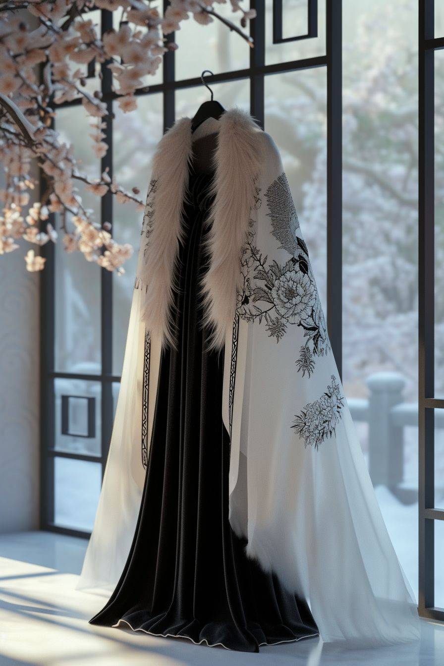 A Chinese-style cloak with a long fur collar hangs on a hanger, a long black skirt hangs on a hanger, a loose and comfortable skirt design, white fabric, plush jacket, vertical smoothness, full of charm, nobility, elegance, octane rendering, Unreal Engine 5, ultra high image quality, ultra high definition, masterpiece, bright glass showroom background