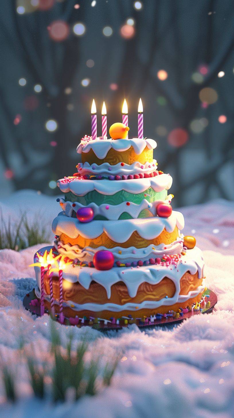 3D cartoon multi-tier birthday cake with candles, placed on a snowy lawn with patches of green grass in the background