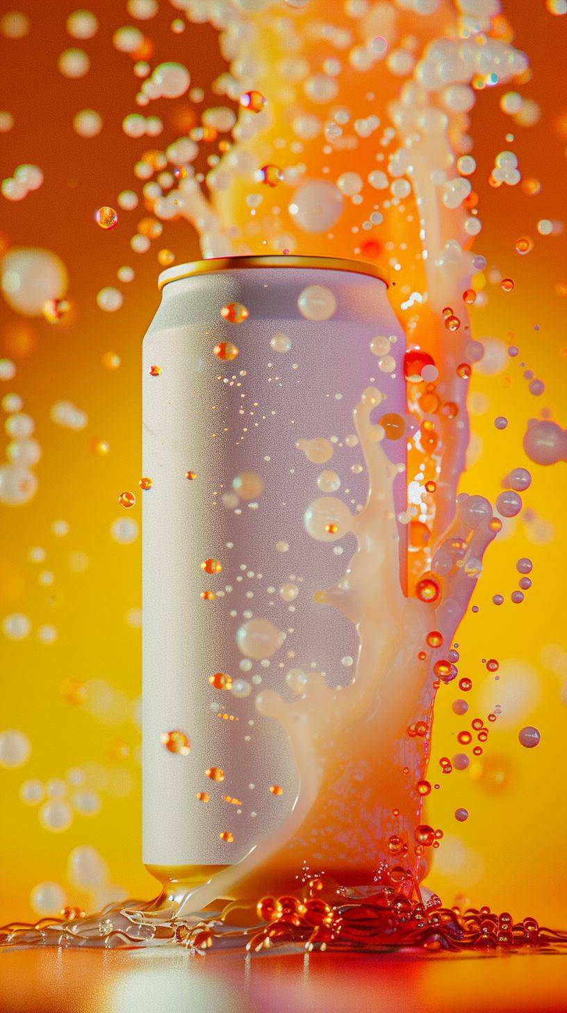 Matte white 330ml aluminium can of functional spritz beverage, bronze gold lid, orange and yellow vibes, suspended in a frosted liquid like substance, neon colours, retro, 90s look, beads of liquid flowing, bright contrasting light, dynamic, frosted, hyper realistic, 50mm lens