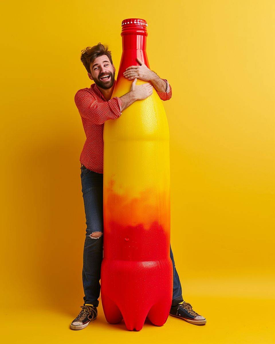 男性が全身像で、興奮したアクションポーズで、低角度から大きな飲料瓶を抱いている。ポップで鮮やかな色合いで、黄色、赤色、ミント色が目立つ。