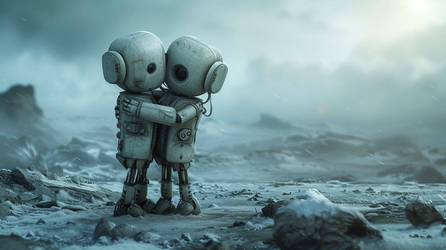 Otherworldly shot of two little robots embracing in an icy and desolate world in ruins in the style of Anton Semenov and Zdzisław Beksiński, magnificent, impressive, masterpiece of art.