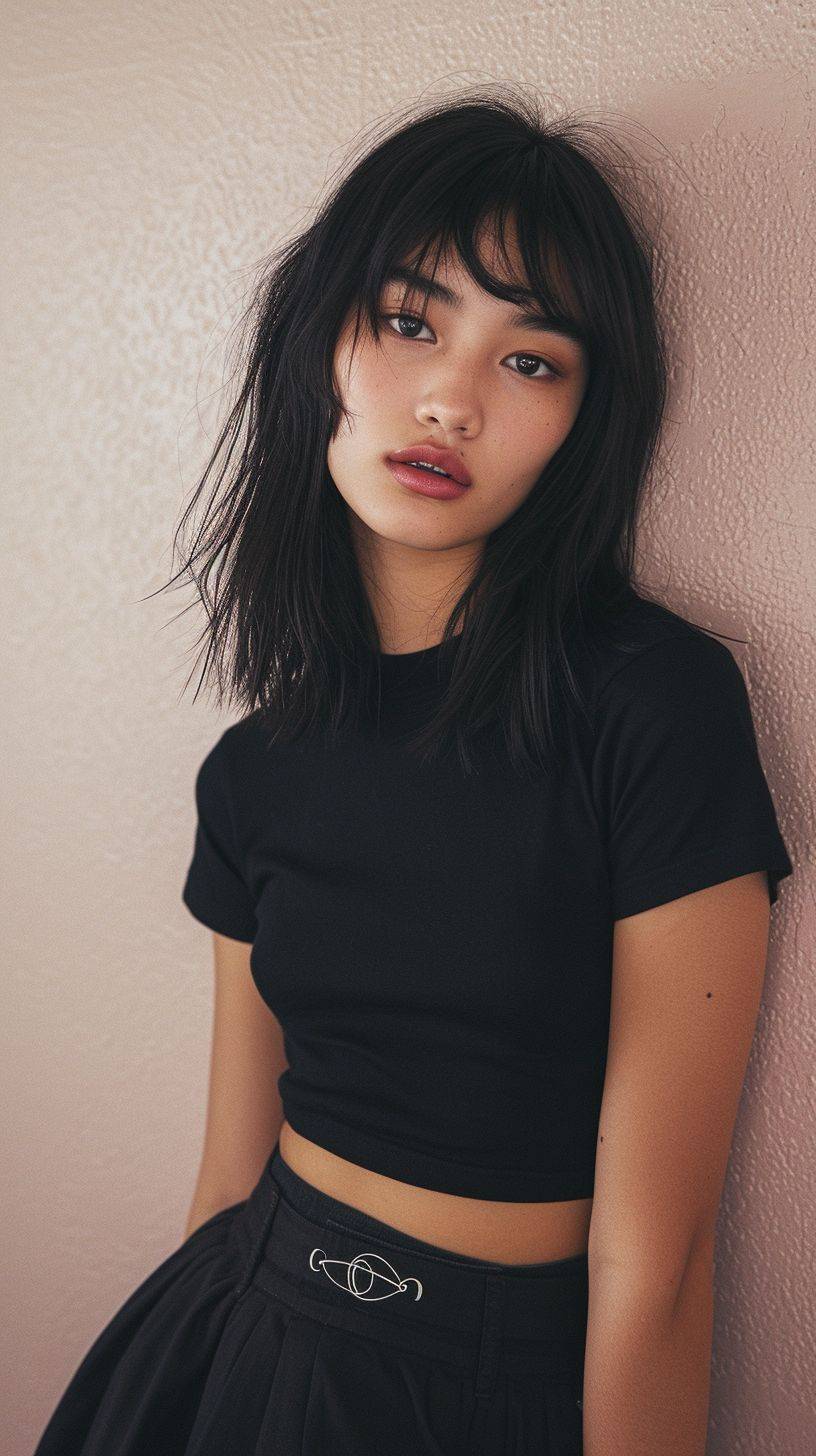 25歳のきれいな日本とカフカジアンのミックス美女で、真っ直ぐで黒いミディアムヘアで、黒のクロップドTシャツとスカート、ニーソックスを履いていて、90年代のエステティック、アパートの壁に寄りかかって、詳細。