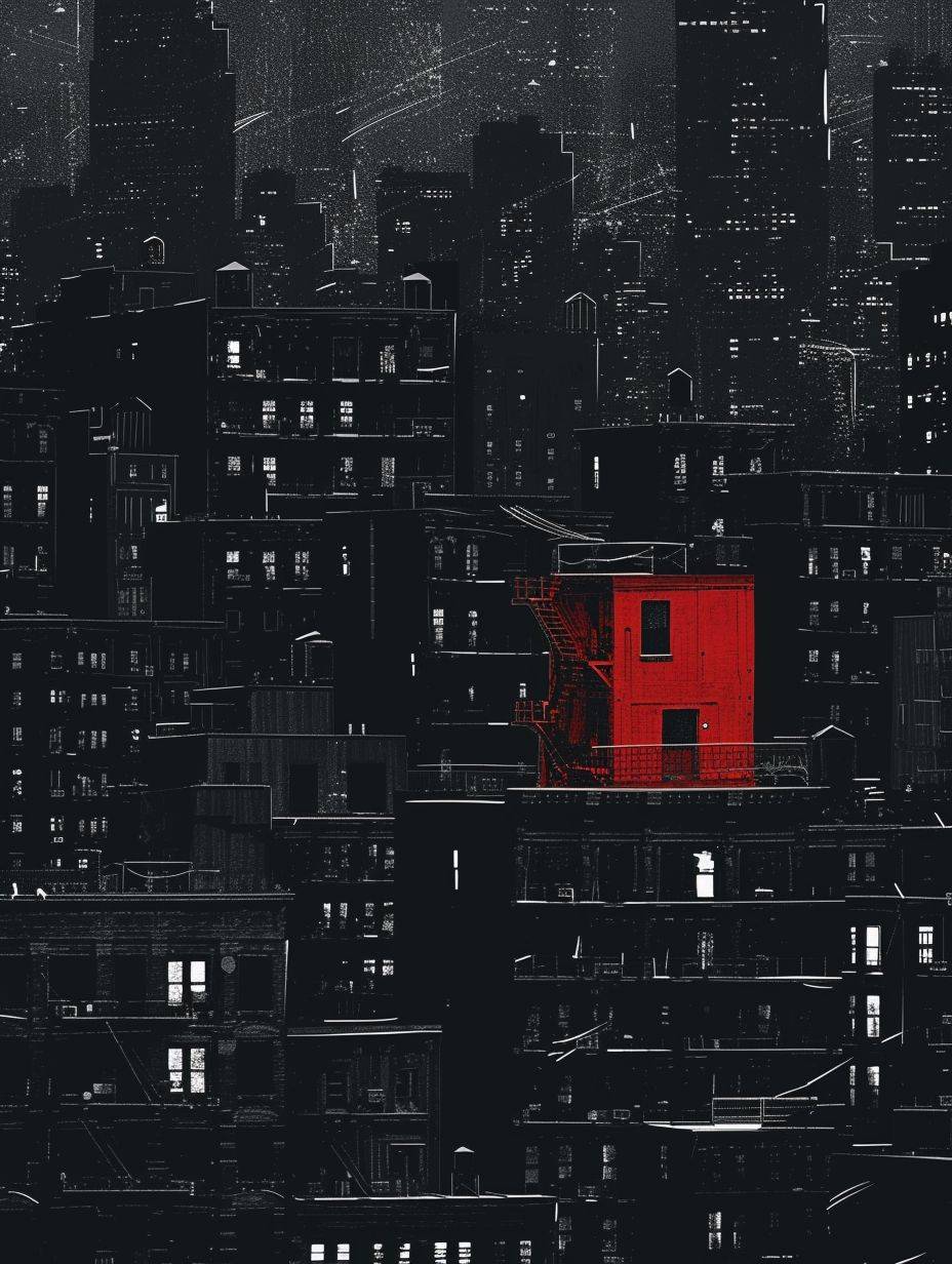 ネガティブカラーの白黒都市風景、一軒の赤い建物が一つだけ