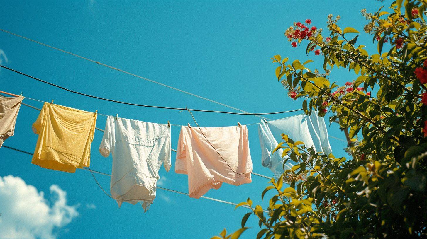 The timeless ritual of laundry day captured with clothing hung out to dry in the warm sun, the subtle interplay of light and shadow on the fabric against the vivid blue sky shot on Fujifilm, Fujicolor C200, depth of field emphasized