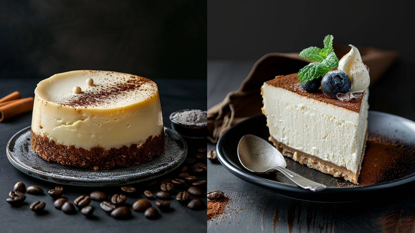 Food Photography, cheesecake and coffee, photos with depth of field for products advertisements --aspect ratio 16:9