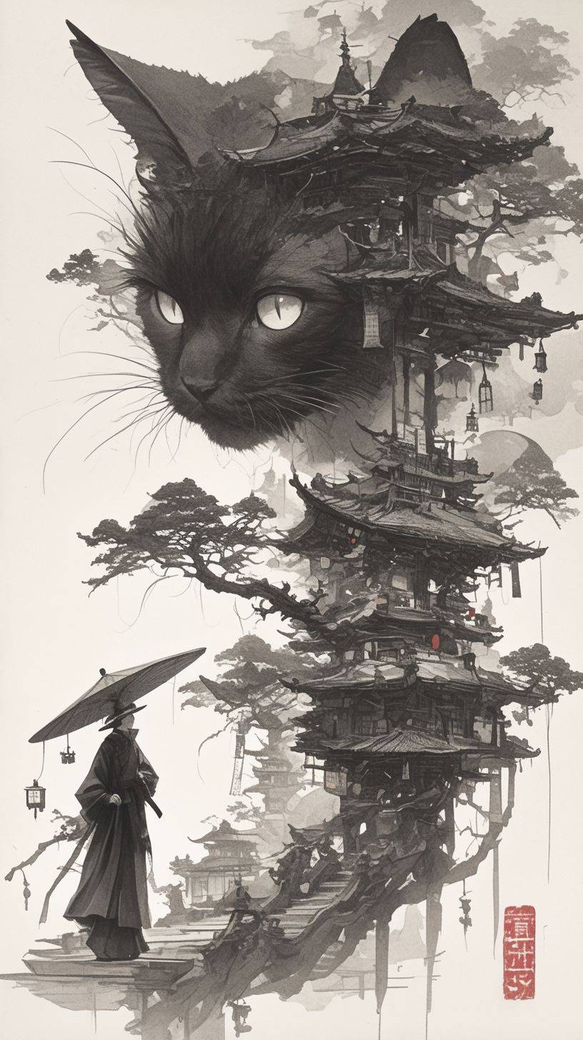 黒い猫、伝統文化要素を取り入れて中国文化を促進する、ミニマリストイラストレーターのスタイルで、黒の絵、楽しげな漫画風のイラスト、博臣、堂々としたポーズ、水彩テクニック、湿気た