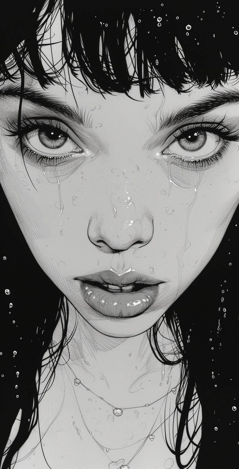 Black and white drawing of a girl in the style of horror manga, Bill Sienkiewicz, animated gifs, Yayoi Kusama, pulp comics, intense close-ups, Becky Cloonan --ar 62:121 --v 6 --stylize 750
