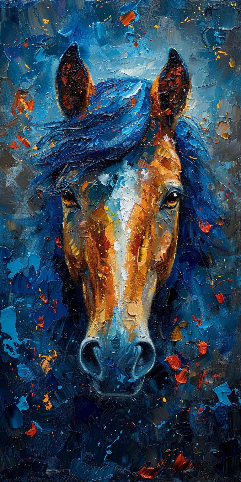 馬の絵画は美しさと夢、エネルギー、想像力が融合しています。それは間近で個人的です。凄まじく素晴らしいもの。夢は畏敬と喜びをもたらします。この夢こそが、私たちの共有する未来を可能にするものです。美しい夢想家。ターコイズ、オレンジ、コバルトブルーの油絵