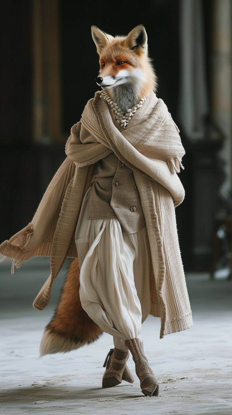 Anthropomorphic fox, Fashion runway, Full body, fox wearing Dior fashion clothes, anthropomorphic, high-end design style, Cold and beautiful, A slender and slender figure, Milan Fashion Show, Full body, Dynamic capture of runway shows