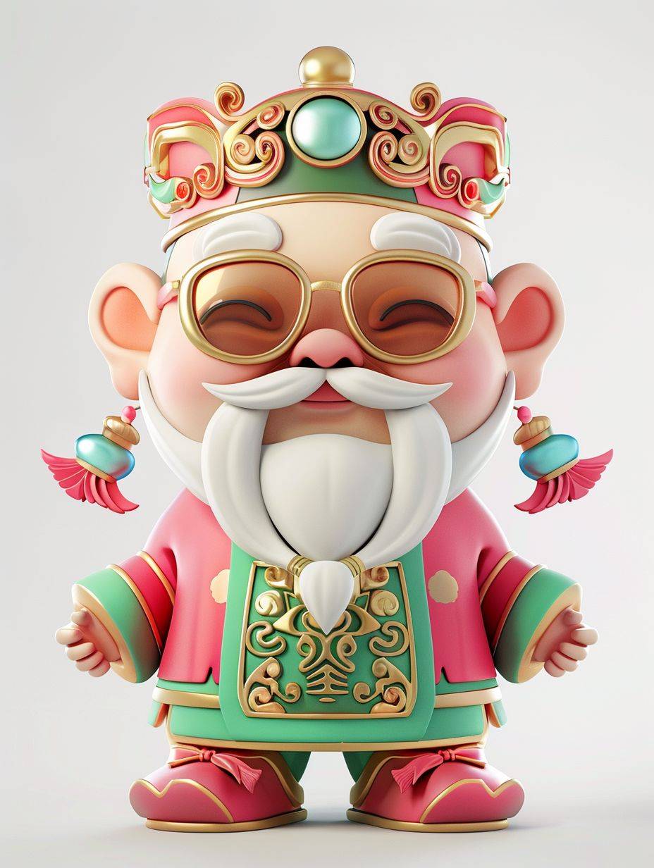 Ceramic, Pixar style, festive Chinese cute God of Wealth wearing sunglasses, pink, green, gold, cartoon character, clean white background, 3D rendering, C4D