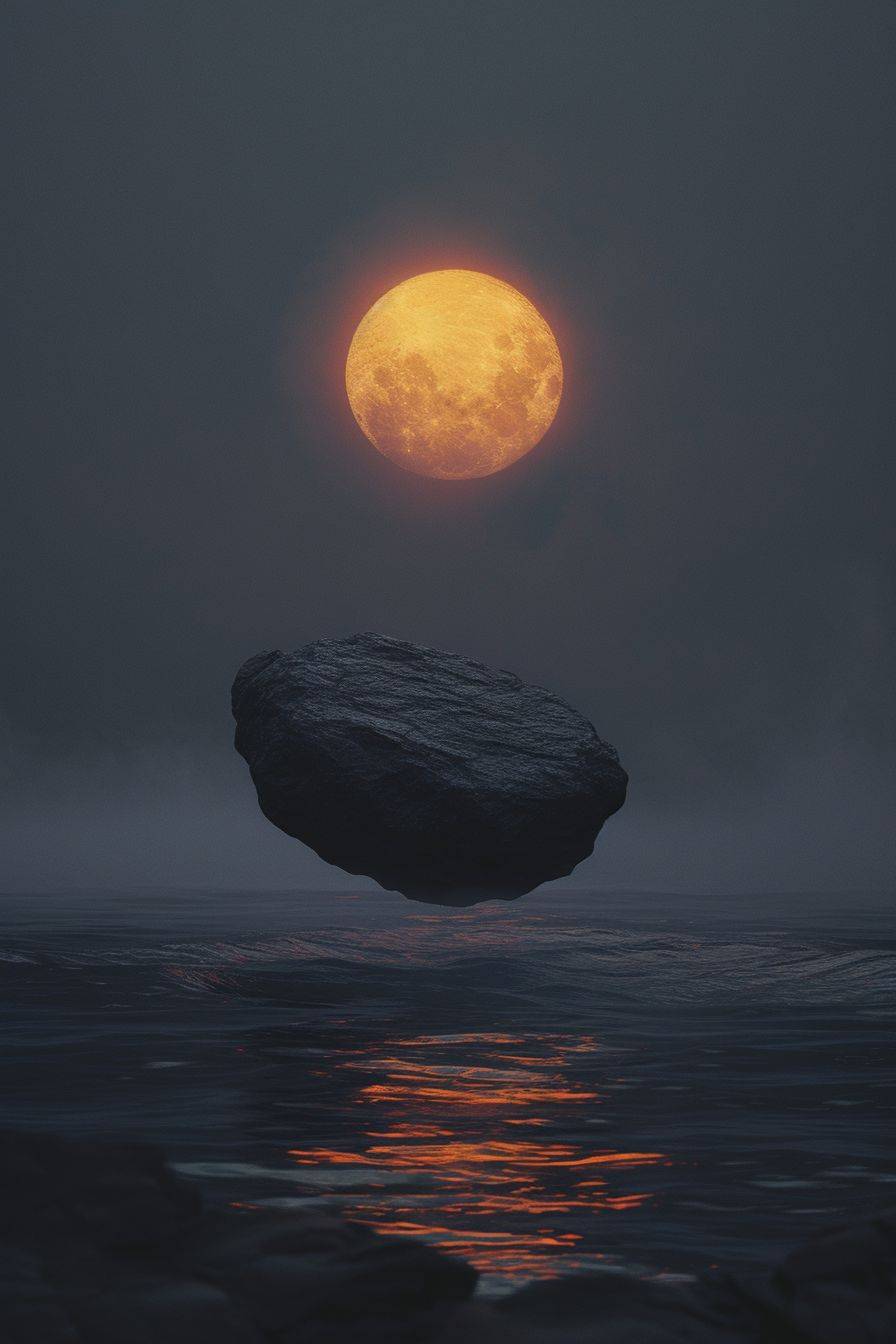 空中に浮かぶミニマリストの岩、オーラ、水の波、中央、3D、静か、ノルウェーの自然、ミニマリストの夜、霧、暖かい黄色オレンジ色の月光が霧の中に、暗い紫、濃い灰色、黒、朦朧とした雰囲気
