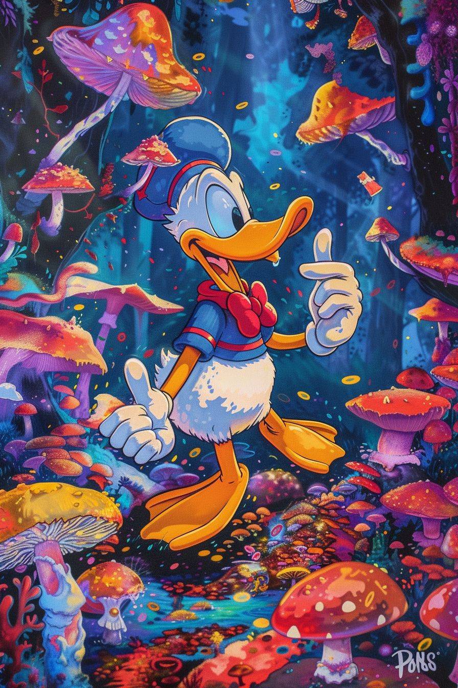 Donald Duck is super happy and ecstatic in a trippy colorful mushroom forest