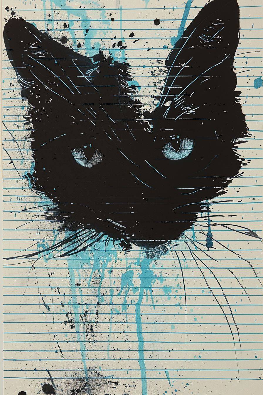 Create an image of a black cat with white facial features cleverly drawn within the confines of blue horizontal lines on notebook paper. The illustration should give the illusion that the lined paper is a part of the cat's body. The cat's head and paws should be clearly defined, with some parts appearing above the lines, while others blend into the spaces between them. The cat should have prominent, expressive eyes, and the overall drawing should be in black ink, showcasing intricate details and textures that mimic the appearance of fur. The artwork should evoke a hand-drawn feel, with the paper's texture and the pen's ink strokes contributing to the realistic yet whimsical nature of the image.