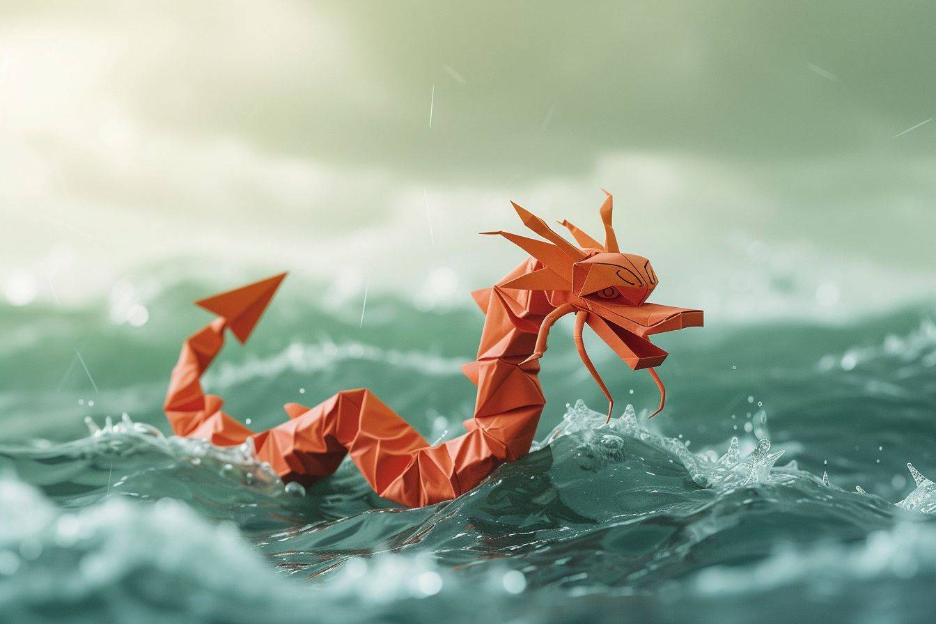 Chinese Dragon in the Ocean, Origami Style, Conceptual Art.