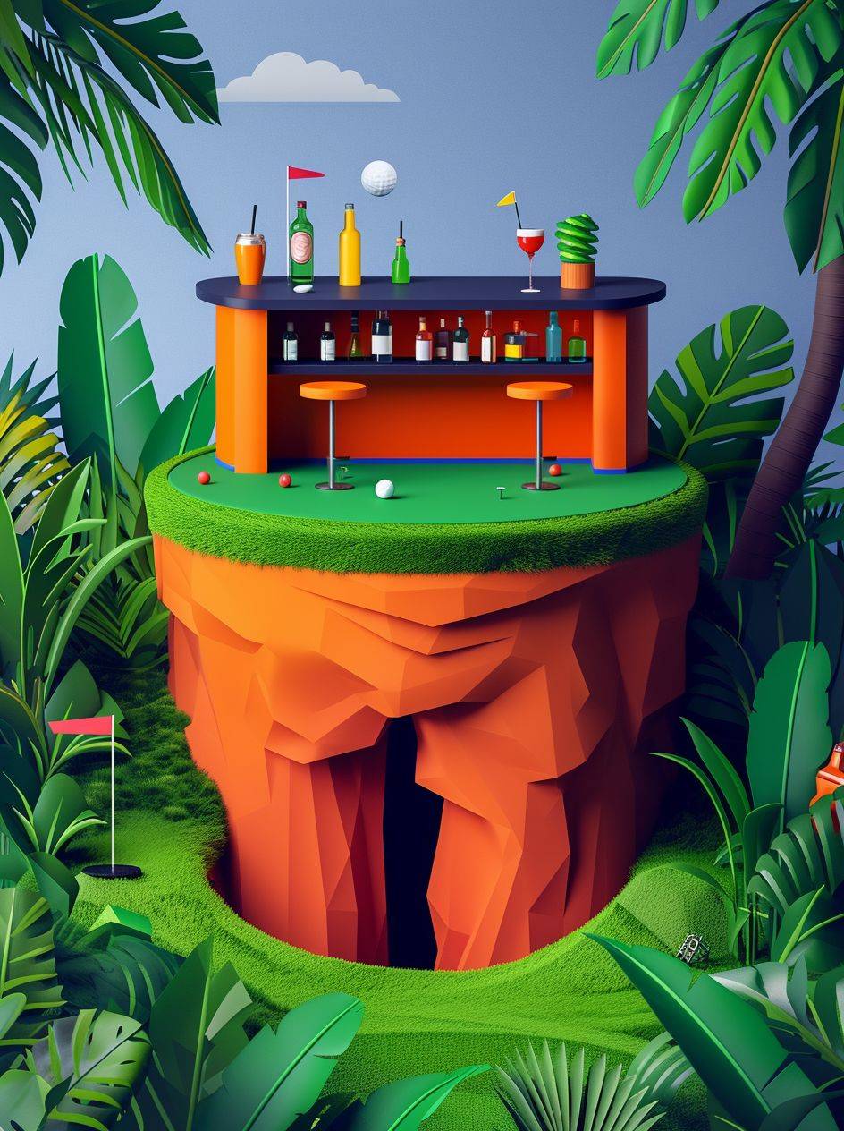 A miniature bar located on top of a golf hole, in a cartoon style, with bold colors