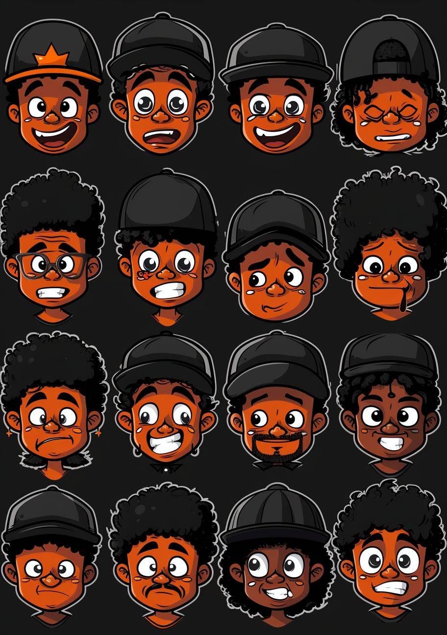 Black random emotional black colored afro emoji smileys with hip hop hat set with black paint, 1. 😊 Happy 2. 😄 Joyful 3. 😃 Excited 4. 😁 Grinning 5. 😂 Laughing 6. 😢 Sad 7. 😭 Crying 8. 😞 Disappointed 9. 😠 Angry 10. 😡 Frustrated 11. 😐 Neutral 12. 😕 Confused 13. 😟 Worried 14. 😨 Anxious 15. 😱 Scared 16. 😴 Sleepy 17. 😪 Tired 18. 😌 Relieved 19. 😎 Cool 20. 😇 Angelic in the style of edgy caricatures, loish, photographically detailed portraitures, bold lines, black on black color, andrei markin, highly detailed figures, kidpunk, black background