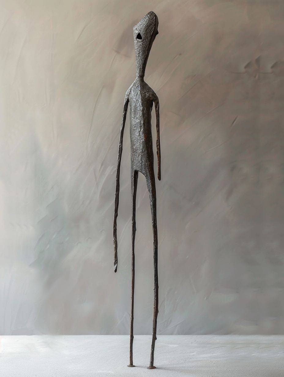 Ancient neolithic inspired simple steel sculpture of human/animal form, weirdly tall with long legs, abstract --ar 3:4