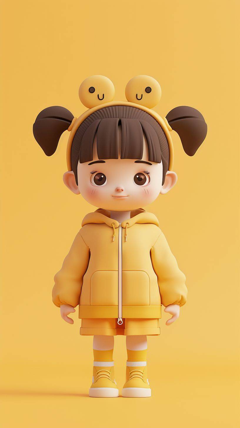 Blind box design, popular market style, cute little girl, wearing JK clothes, standing posture, solid color background, 3D stereo, C4D, OC rendering, 8K, clean background, super detail main view
