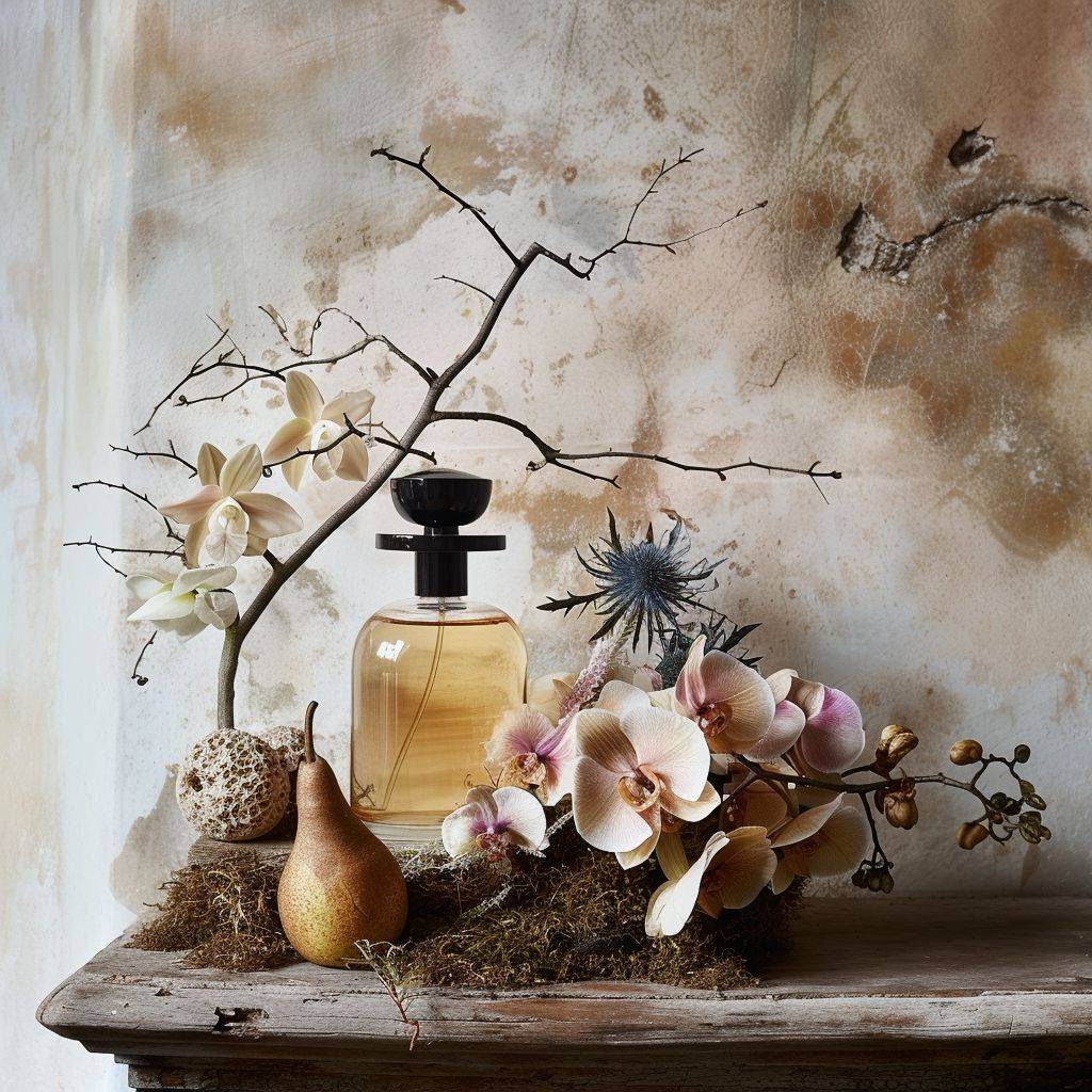 Create an elegant still life setup with a central element of a translucent honey-hued perfume bottle topped with a sleek black lid, against a subtly textured white wall backdrop. Surround the perfume bottle with organic embellishments such as a branch of delicate pink and ivory orchid flowers, eucalyptus leaves in a rich sienna tone, a textured golden pear, and a thistle flower featuring striking blue petals. Enhance the composition with additional textures like a base of moss, smooth stones, and a singular, curled dry leaf. Illuminate the scene with soft lighting to produce subtle and sophisticated shadows, creating an atmosphere of refined beauty and subtle opulence.