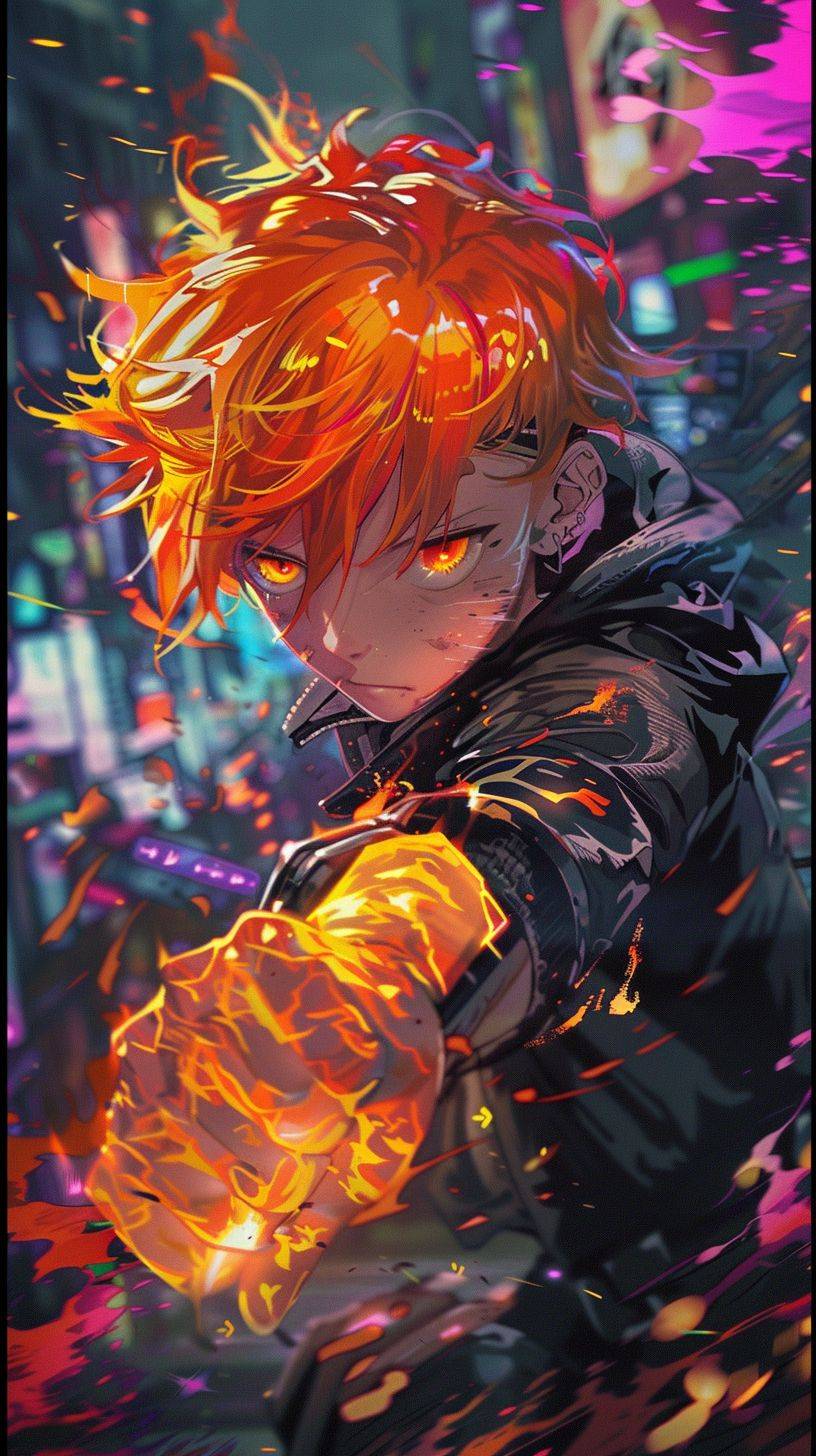 夕焼けオレンジの髪と火拳を持つアニメの少年、マラナオアート、ダイナミックなアクション、インテルコア、アウトラン、カラフル、濃い影