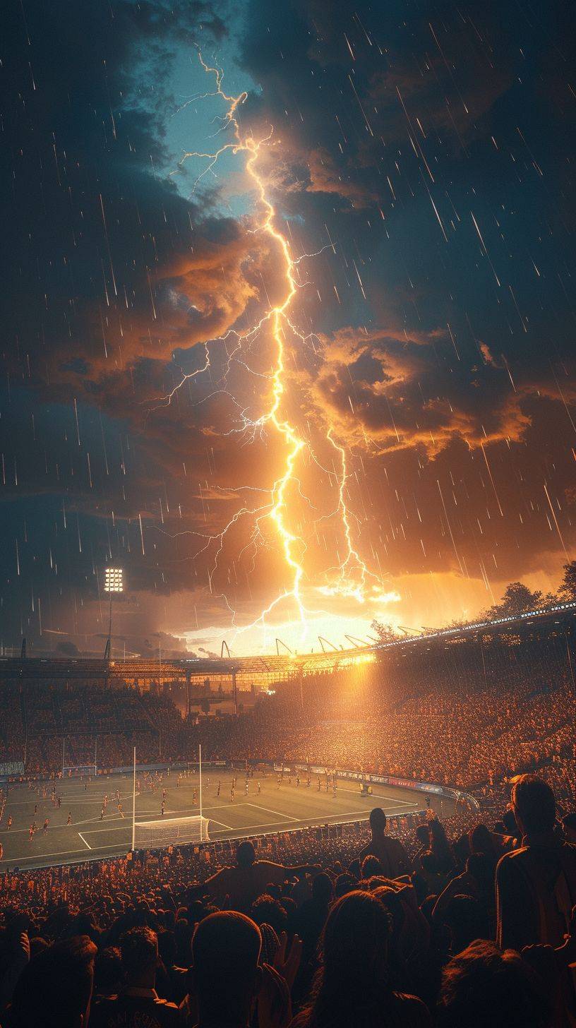 Highly realistic photography: A lightning bolt falls from the sky onto the football soccer stadium