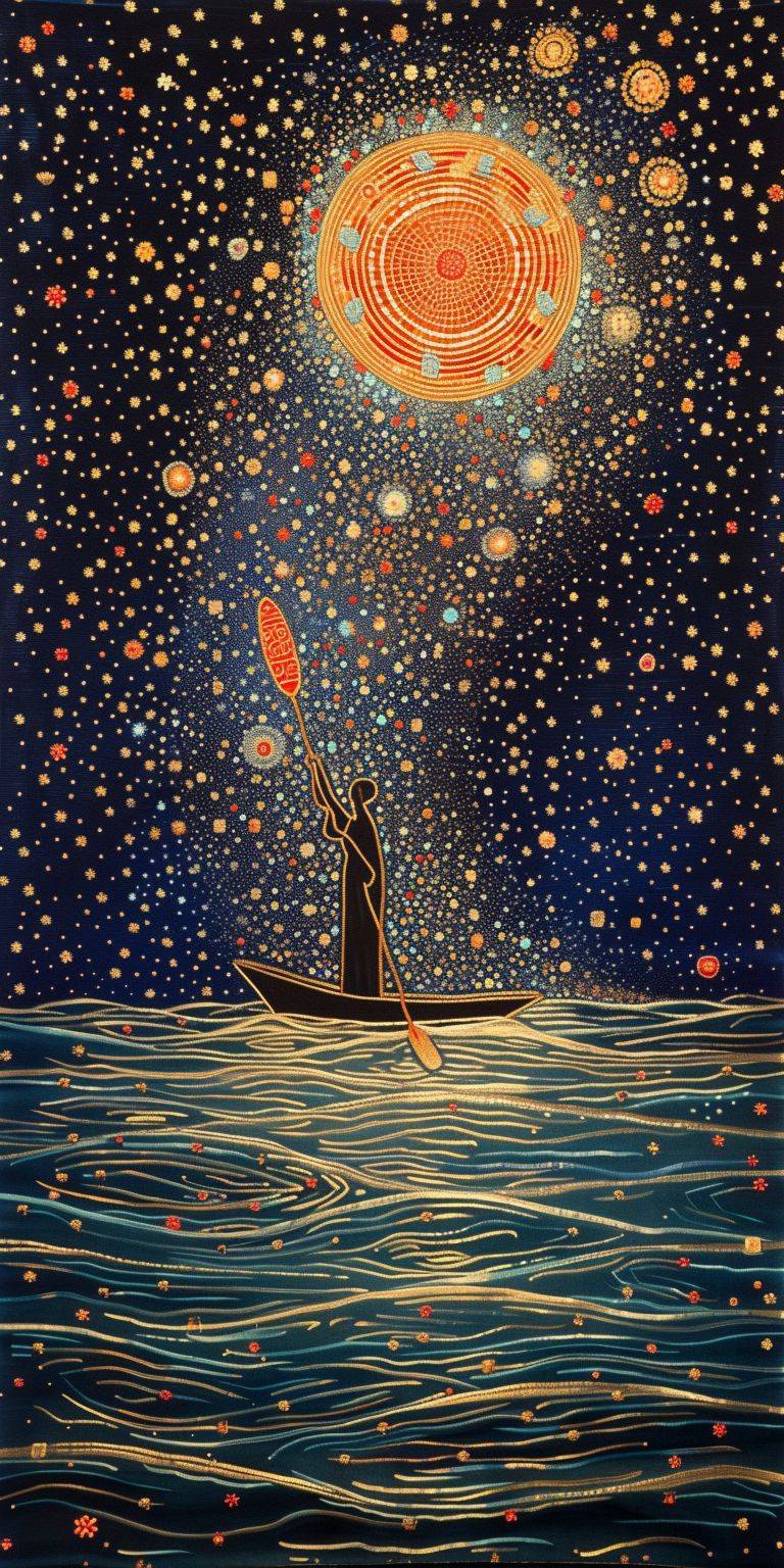 星の川を渡る渡し船のカラフルな絹と金刺繍、複雑なデザイン、ミニマリズム、暗い背景